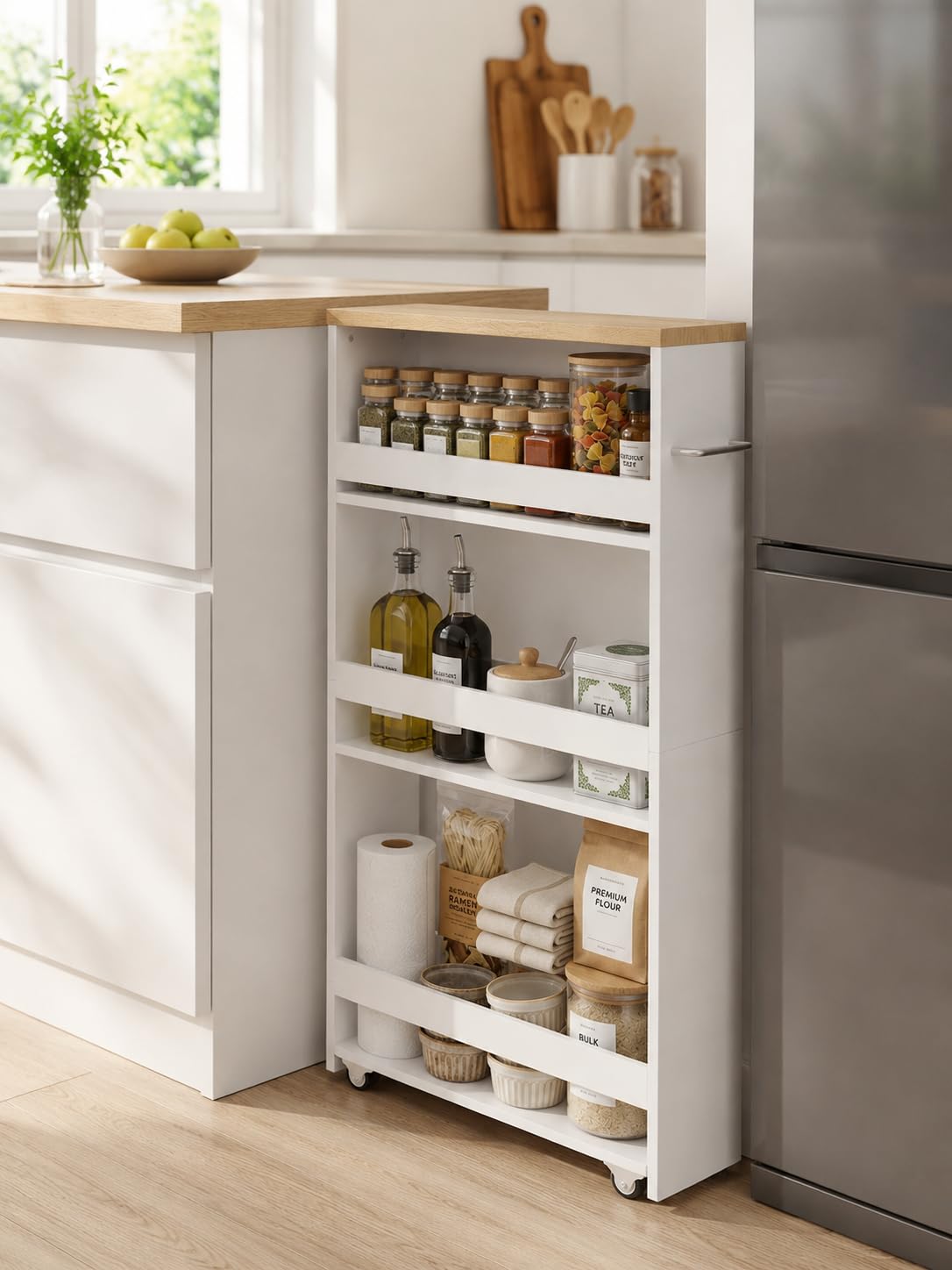 Chariot de Rangement étroit avec roulettes Blanc 40 x 14 x 80 cm pour Salle de Bain et Cuisine étagère Cuisine Salle de Bain Organisateur Meuble de Rangement 3 Niveaux Espace étroit