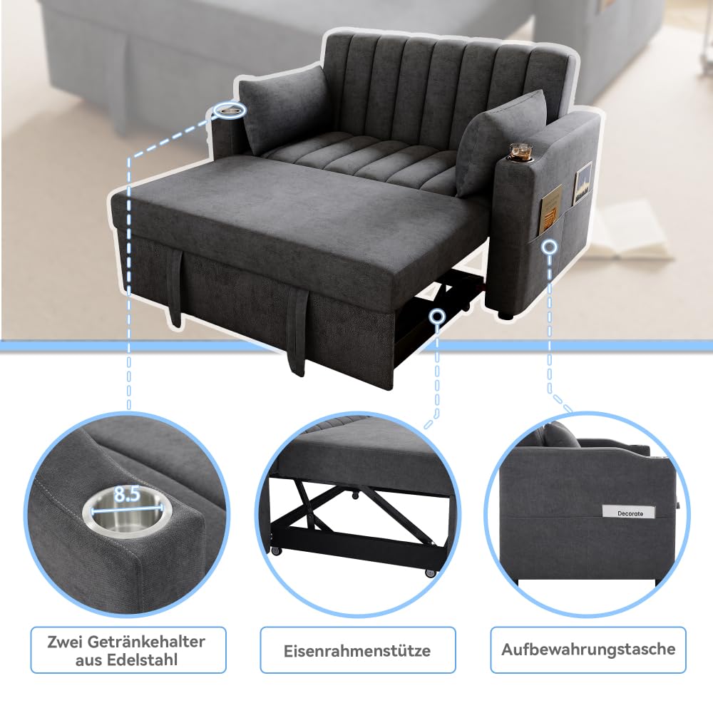 I0I&I0I Multifunktions Schlafsofa klappbar mit dreistufiger Rückenlehne Kissen Getränkehalter und Stauraum ideal für Wohnzimmer Schlafzimmer Heimkino Wohnung (Gray +Cotton Linen + 2 Seat)
