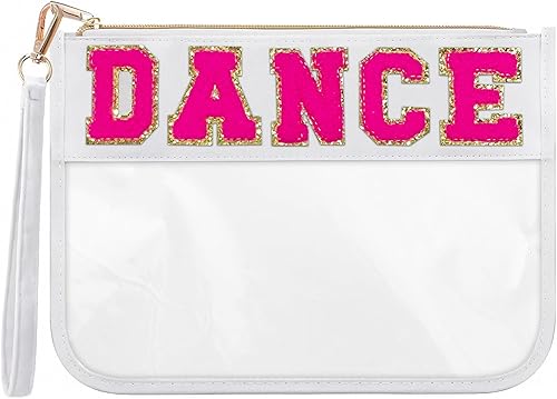 Vista 8 de HANAMO Bolsa transparente con letras de chenilla, bolsa de nailon para cosméticos con cremallera, bolsas de maquillaje transparentes, bolsas