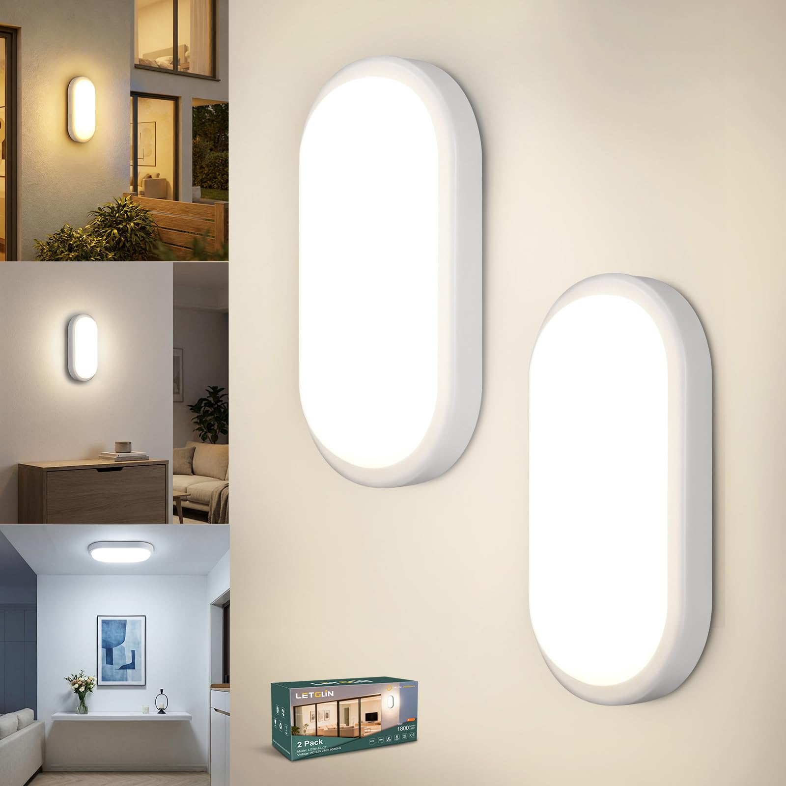 Plafoniera LED Esterno, 18W 1800LM Applique da Parete Interno, IP54 Lampada Led Soffitto Ovale Luci, 3000K/4000K/6000K Applique Bagno Luce per Balcone Scale Corridoio Garage, 2 Pezzo
