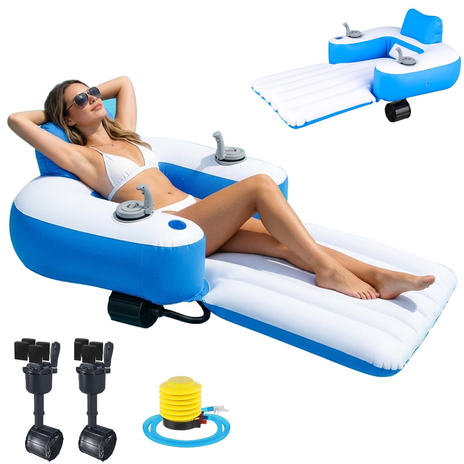 Lettino da Piscina Motorizzato, Galleggiante Elettrico con Propulsore Rotante a 360°, Capacità di 136kg, Portabicchieri e Schienale, Lounge Gonfiabile per Piscina, Lago, Spiaggia e Divertimento Estivo