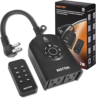 BESTTEN Outdoor Digital Timer Outlet, Photocell Light Sensor, 2 Grounded Outlets with Remote Control, for ON/Off/Dusk to Dawn/ON at Dusk & 2/4/6/8/10 Hours Countdown, cETL and FCC Certified, Black