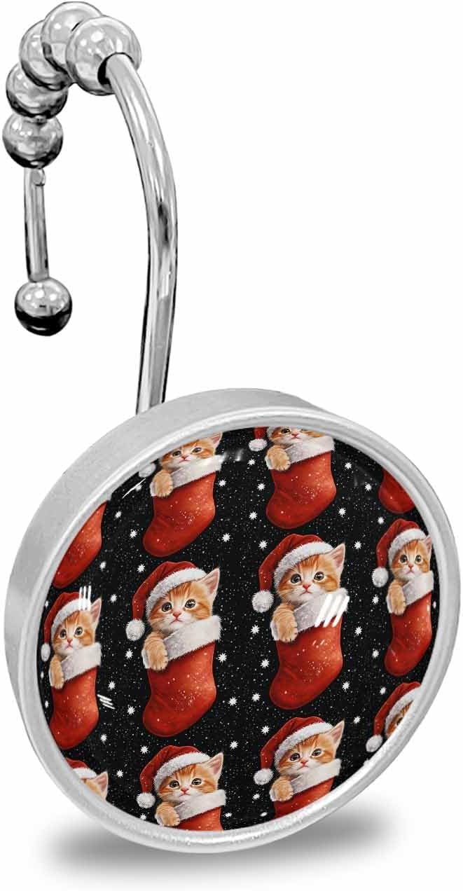 Shower Curtain Hooks 12 Pcs Winter Christmas Cats Socks Snowflake Black Stainless Steel Rust Proof Rolling Shower Curtain Rings, Decorative Shower Curtain Hooks Hangers for Bathroom