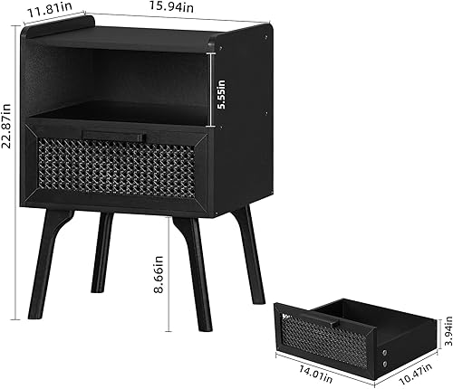 Miniatura 3 de Lerliuo Juego de 2 mesitas de noche de ratán, mesa auxiliar bohemia con cajón abierto, mesa auxiliar de noche con patas de madera maciza para