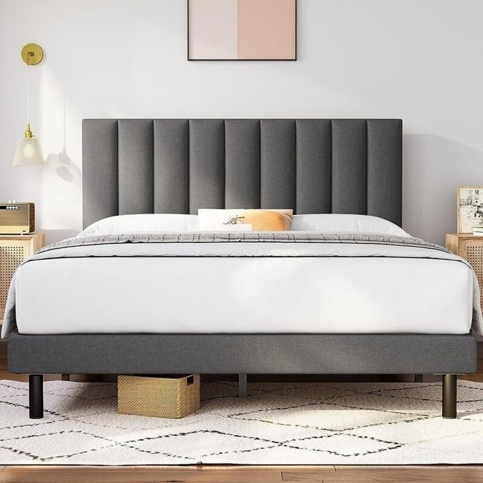 Image of Wooden Modern Upholstered King Size Bed for Bedroom | Wooden Double Bed Without Storage | Platform Cot Upholstered Bed with Upholstery Fabric | Engineered Wood | 6.5 x 6 Ft | Dark Grey
