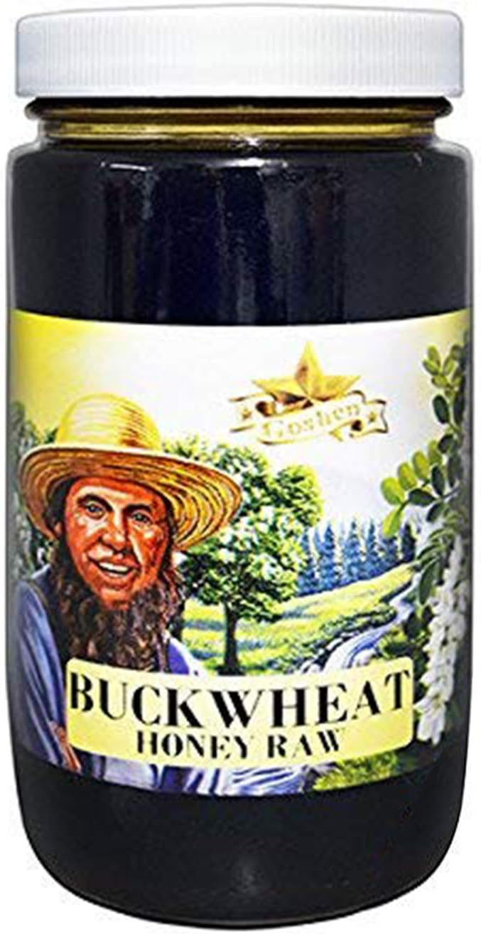 Goshen Amish Country Extremely Raw Buckwheat Honey - Unfiltered, Unprocessed, Pure & Natural - Harvested in the USA - Rich Flavor for Tea, Cooking, Wellbeing - Kosher Certified - 16oz Glass Jar
