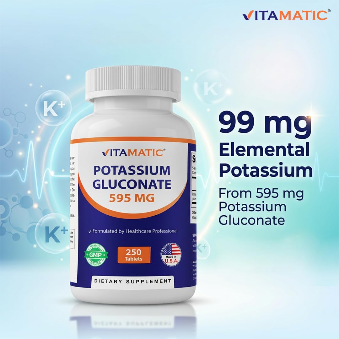 Vitamatic Potassium Gluconate 595 mg – Supports Heart, Muscle & Electrolyte Balance – 250 Tablets – Non-GMO, Made in USA — Amazon image 6
