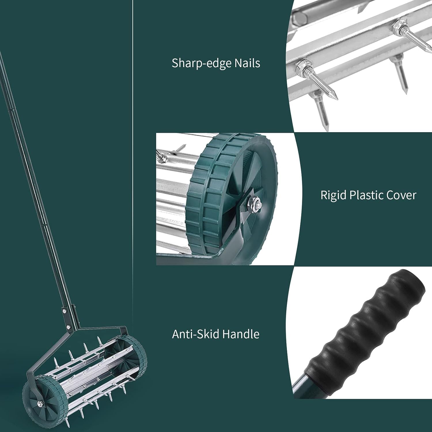 Aireador de césped rodante Happytools, Herramienta Manual para desbrozar césped con Mango de 50 Pulgadas, Ideal para jardinería y Cuidado del césped.