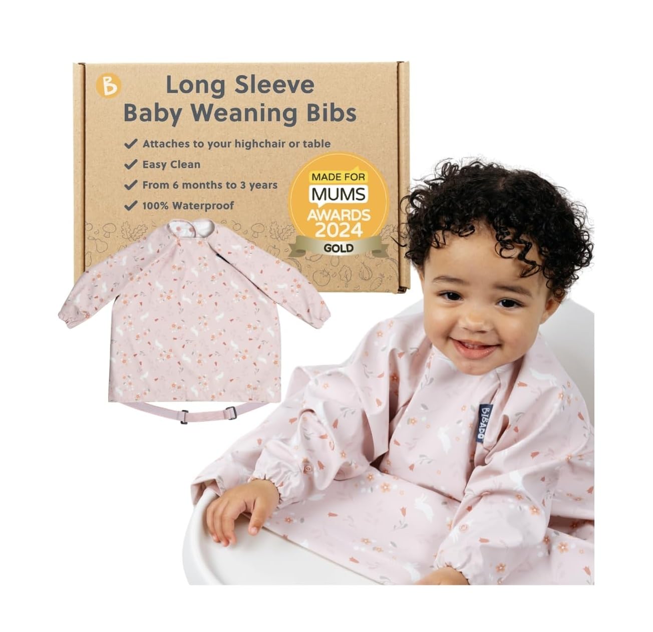 BIBaDO - Long Sleeve Baby Bibs - Babies & Toddlers 6-36 Months - Coverall Baby Led Weaning Bib - Easy Wipe, Soft & Waterproof