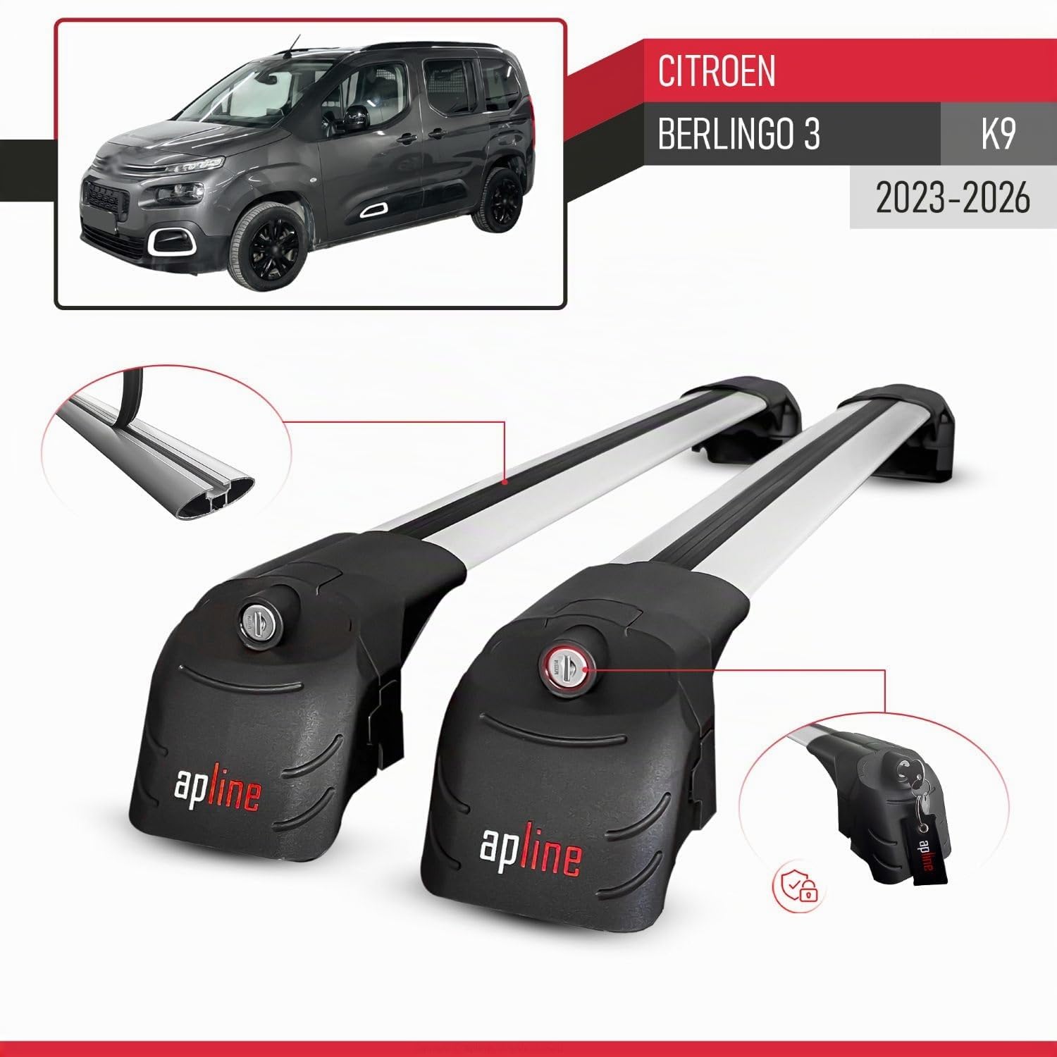 Compatible con Citroen Berlingo 3 (K9) 2023-2026 Modelo Ace-2 Barra de Techo Auto Portaequipajes Barras Transversales Gris Aluminio 2 Barras