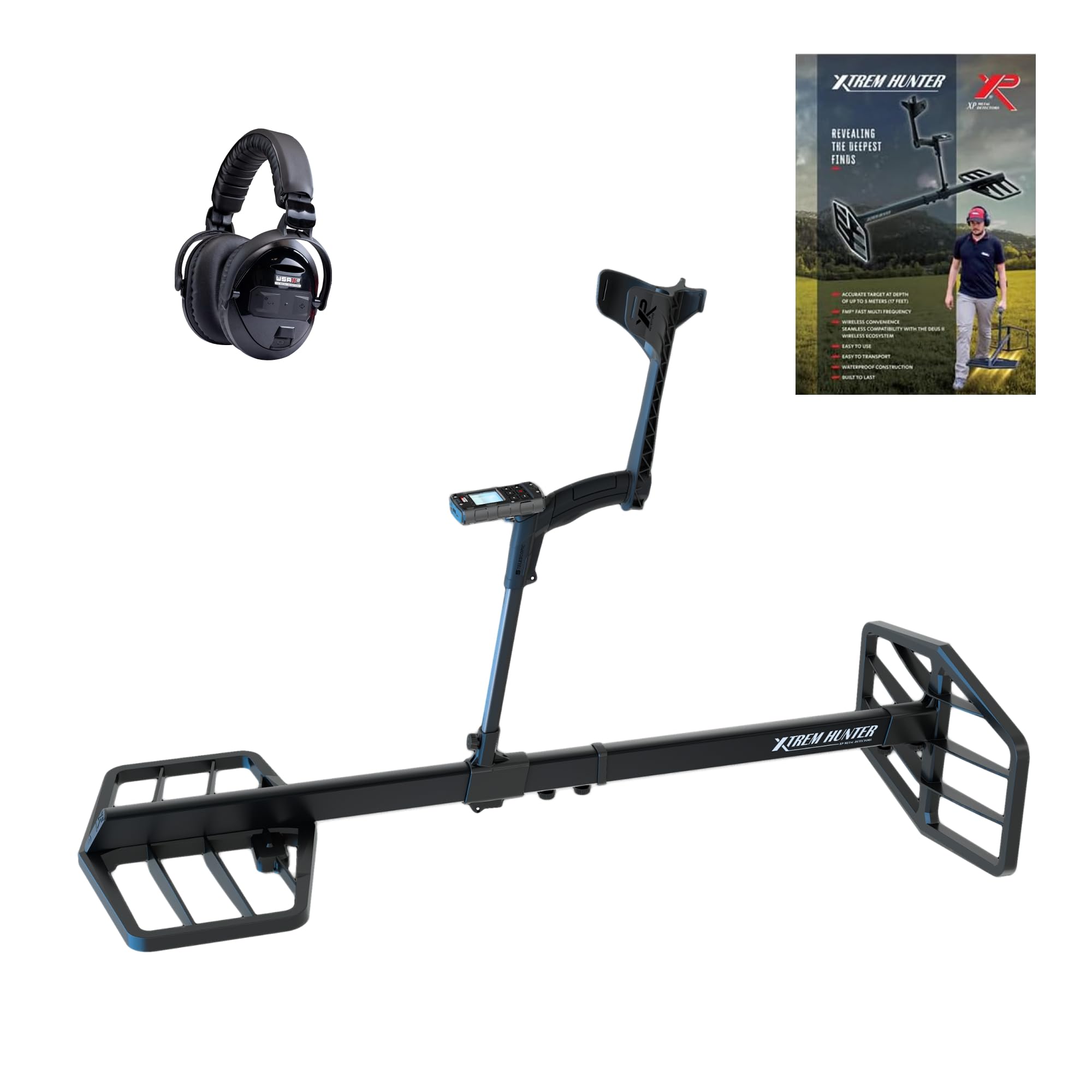 XP Metal Detectors XTREM Hunter - deep Seeking Metal Detector with FMF Coils, Deus II Remote Control, WSAII-XL Wireless Headphones, Specific S-Telescopic stem & XP case (XTR-115RCWSA2XLEA)