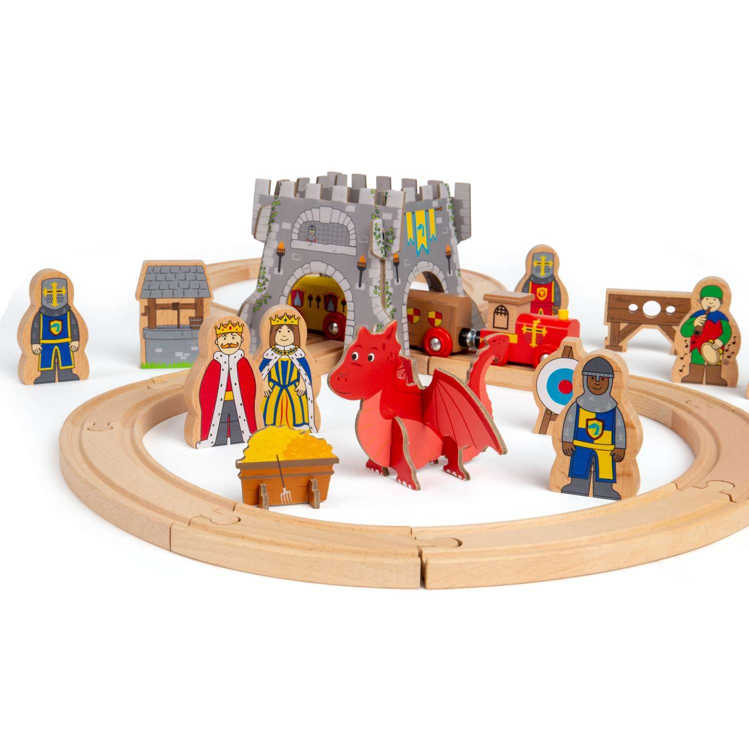 Bigjigs Rail Juego de tren medieval | Juego de ferrocarril de madera de 33 piezas | Juguetes temáticos para niños | Juguete de juego de rol para niños pequeños | Regalos únicos para niños pequeños y