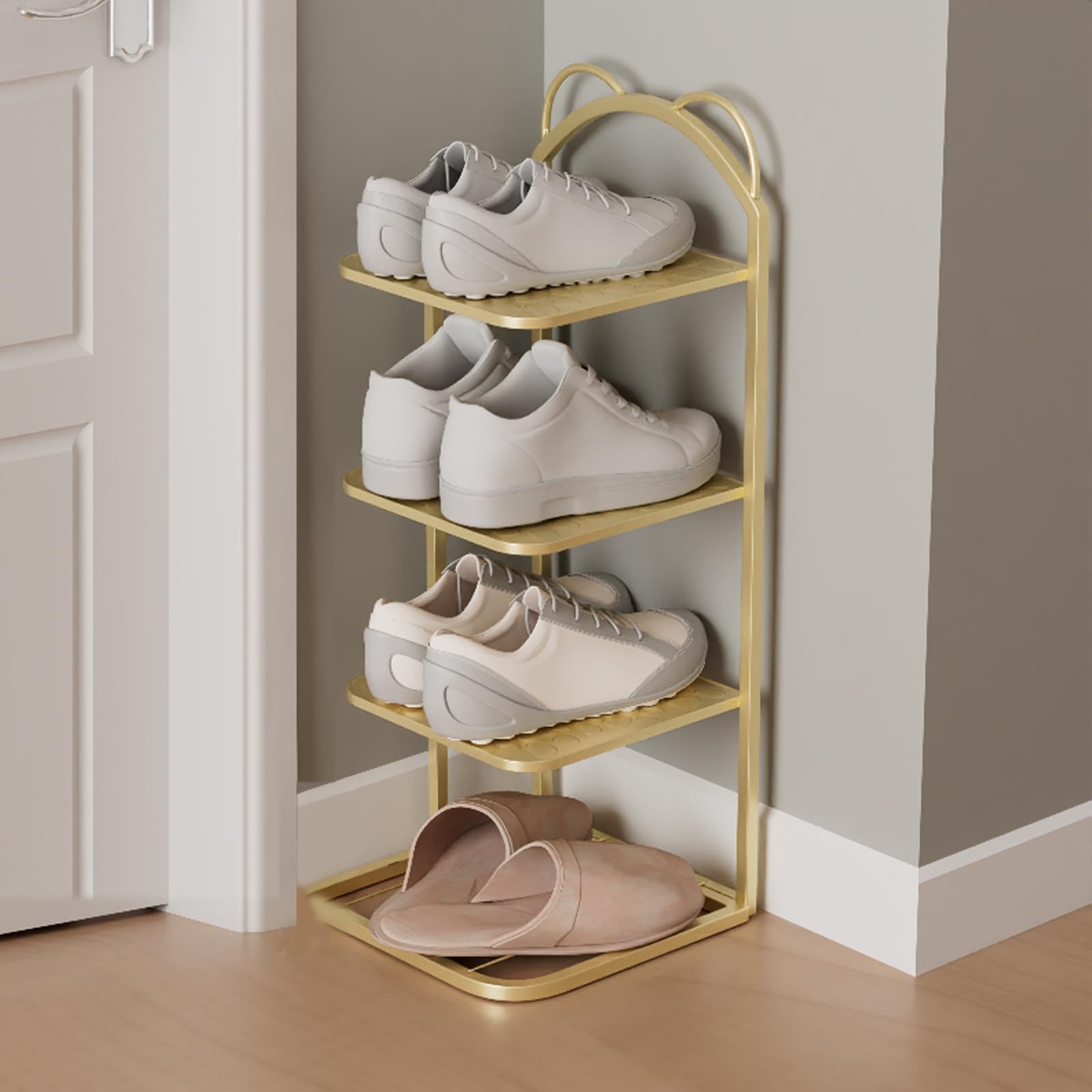 Generisch Goldfarbener, schmaler Schuhregal-Organizer mit 4 Ebenen – platzsparendes Lagerregal für den Eingangsbereich für Schrank, Garage, Wohnzimmer, Tür – stilvoller Eckschuhständer
