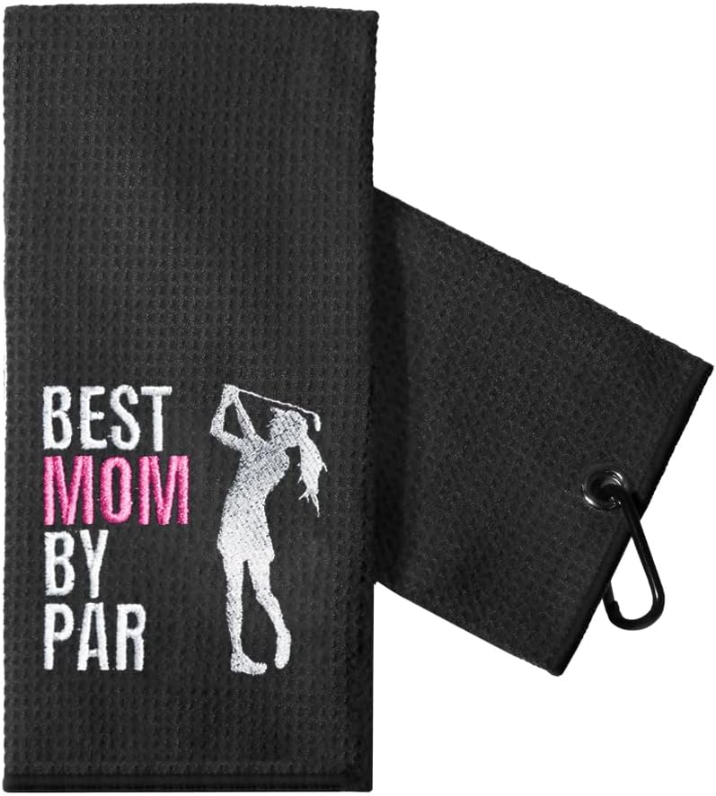 TOUNER Funny Golf Towel Gift for Mom, Retirement Gifts for Women Golfer, Funny Golf Towel for Women, Embroidered Golf Towels for Golf Bags with Clip (Best Mom by Par)