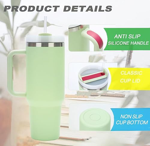 Miniatura 4 de YIINNIIY Vaso de 40 onzas con asa, botella de agua aislada con pajilla, vaso de acero inoxidable con tapa y pajilla, taza para agua con pajilla,