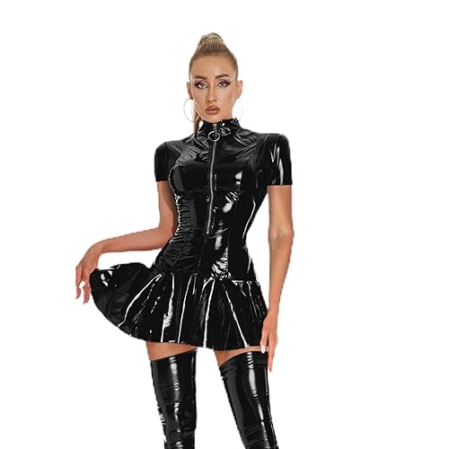 LiiYii Women’s Sexy Leather Ruffle Dress Mock Neck A-line Zipper Front Mini Dress Clubwear Costume