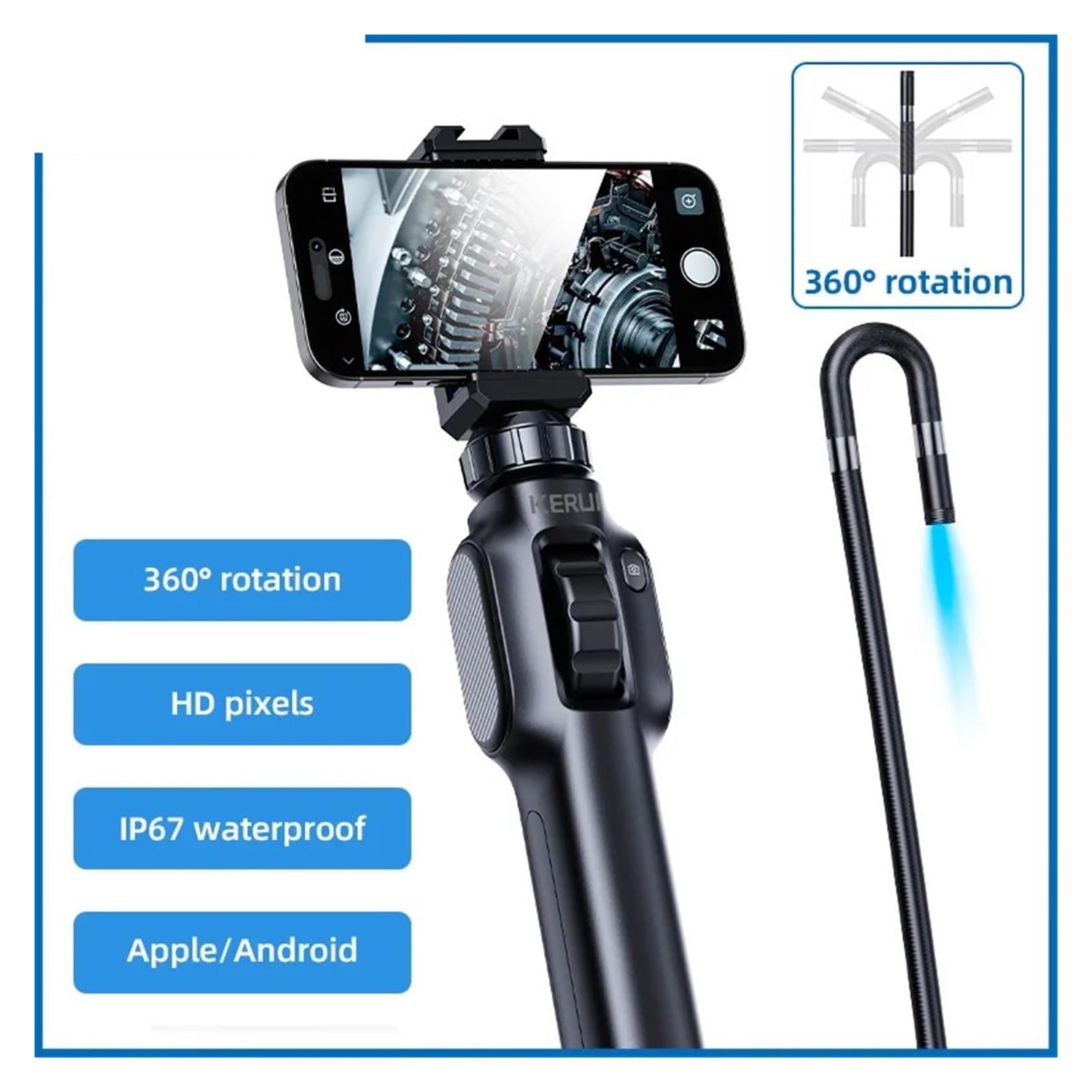 8MM 1080P Industrial Endoscope 360 Degree Steering Borescope Cars Inspection Camera With 8 LED(1m,8mm Android IOS)