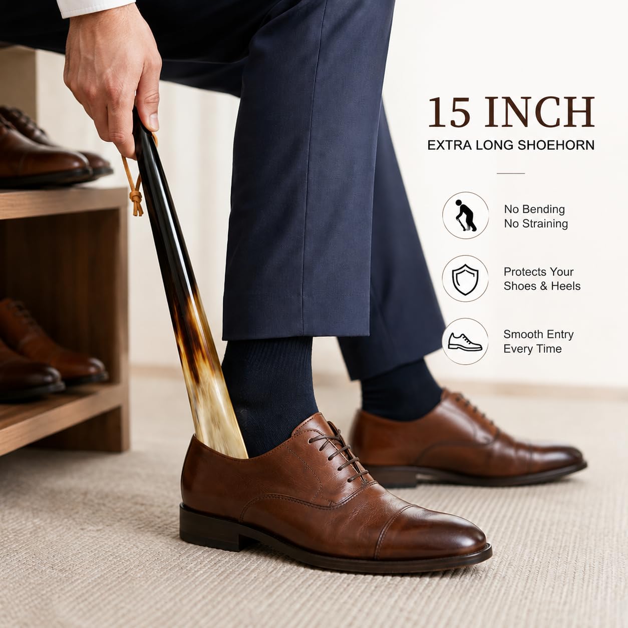 5MOONSUN5 Calzador hecho con cuerno real hecho a mano de 15 pulgadas de largo. Uso doméstico o de viaje. Calzador para hombres o mujeres, zapatos y botas. La mejor idea de regalo., Negro -, 49 EU