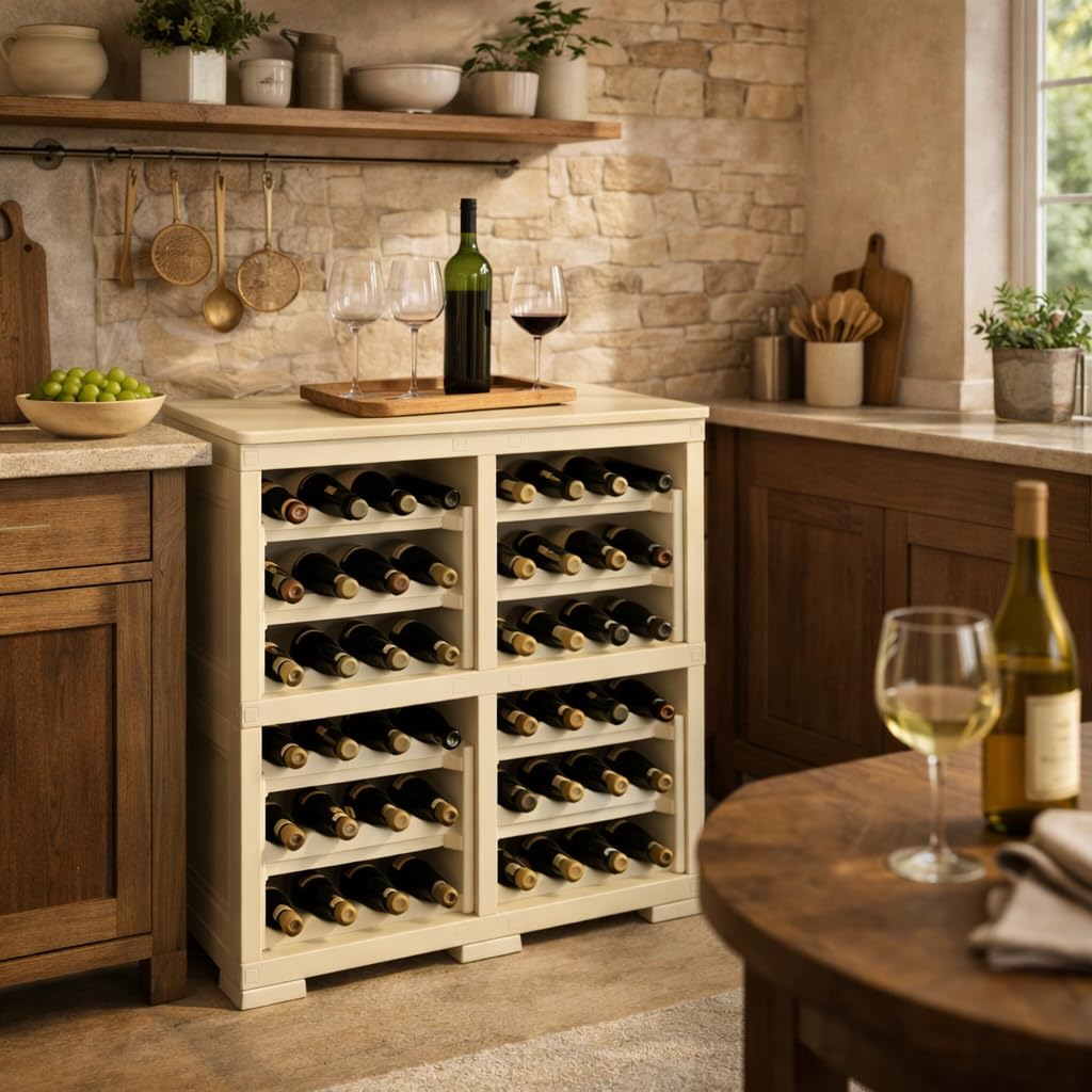 Scaffale Portabottiglie per 48 Bottiglie, Cantinetta Vino Modulare in Plastica, Mobile Porta Vino a Vista per Cucina, Cantina o Soggiorno, 79x42,5x85,5 cm (Angora)