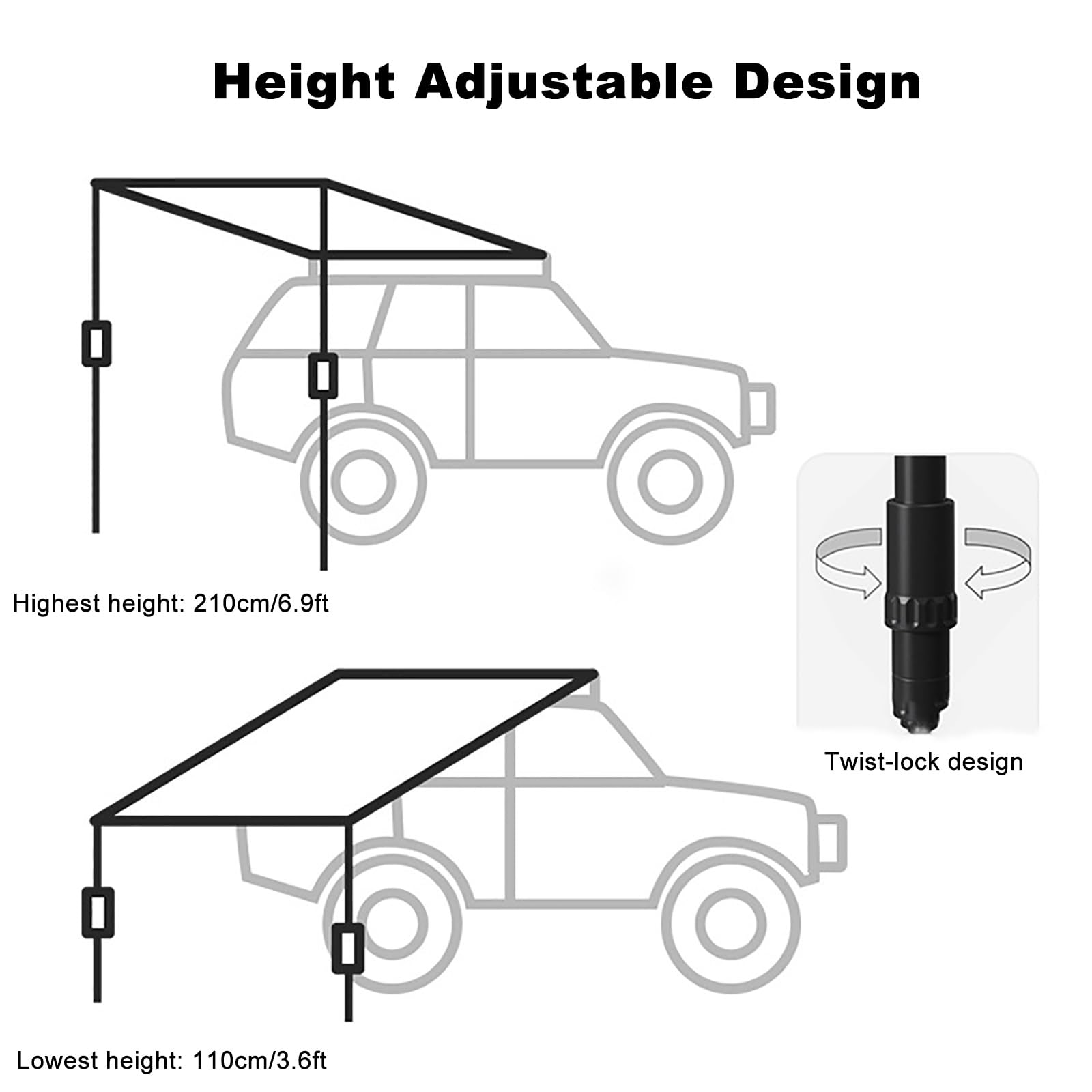 Markise Camper, Einziehbare Dachzelt Auto, Ausziehbare Ripstop-Seitenmarkise fürs Auto UV50+, 3000 mm PU-Wetterschutzzelt mit Tragetasche für Outdoor-Aktivitäten, Höhenverstellbar(160x250cm/5.2x8.2ft)