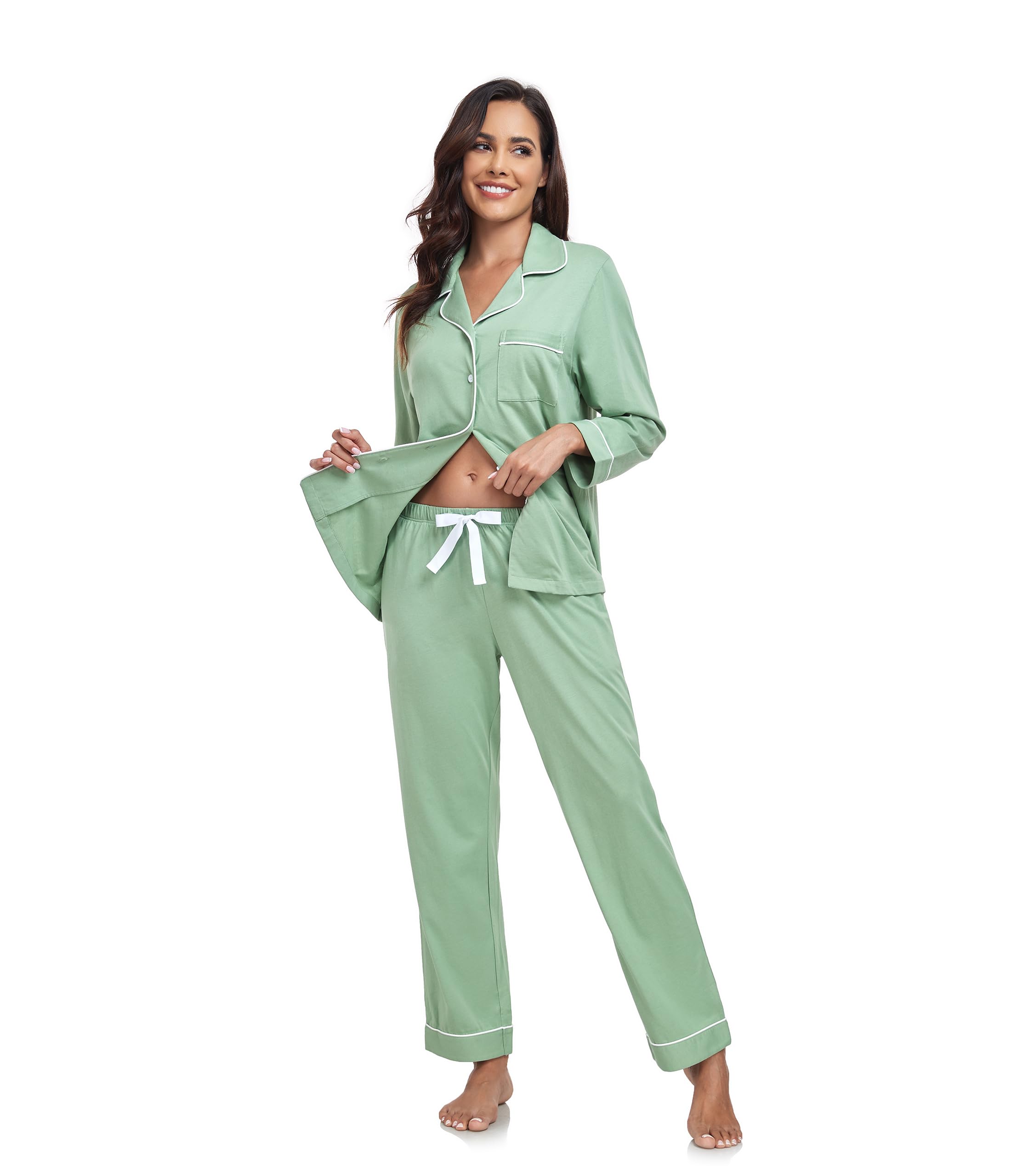 COLORFULLEAF Pijama para mujer, 100% algodón, con botones, manga larga, conjunto de pijamas de dos piezas