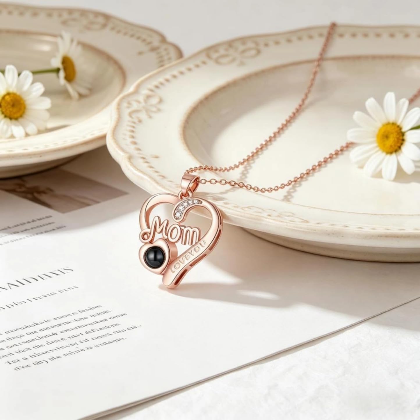Personalized Photo Projection Mom Necklace Heart Pendant Custom Picture Jewelry Gift for Mom Women Wife Mother's Day Birthday Christmas