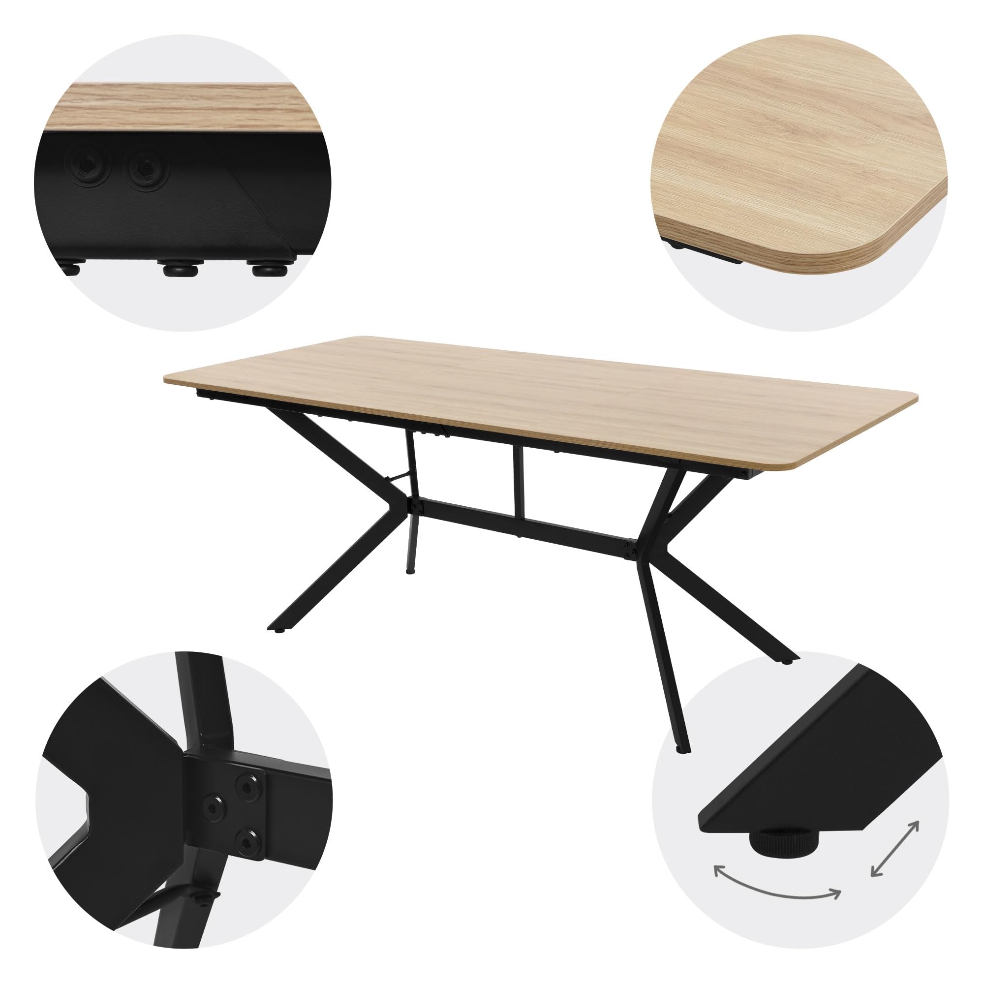 ML-Design Mesa de Comedor Marrón Claro 180x80x75 cm Rectangular para Seis Personas, Mueble para Cocina Salón, Estructura de Acero, Diseño Industrial Moderno, Patas Atornillables Regulables en Altura