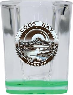 R and R Imports Coos Bay Oregon Souvenir 2 Ounce Shot Glass Square Green Base Single