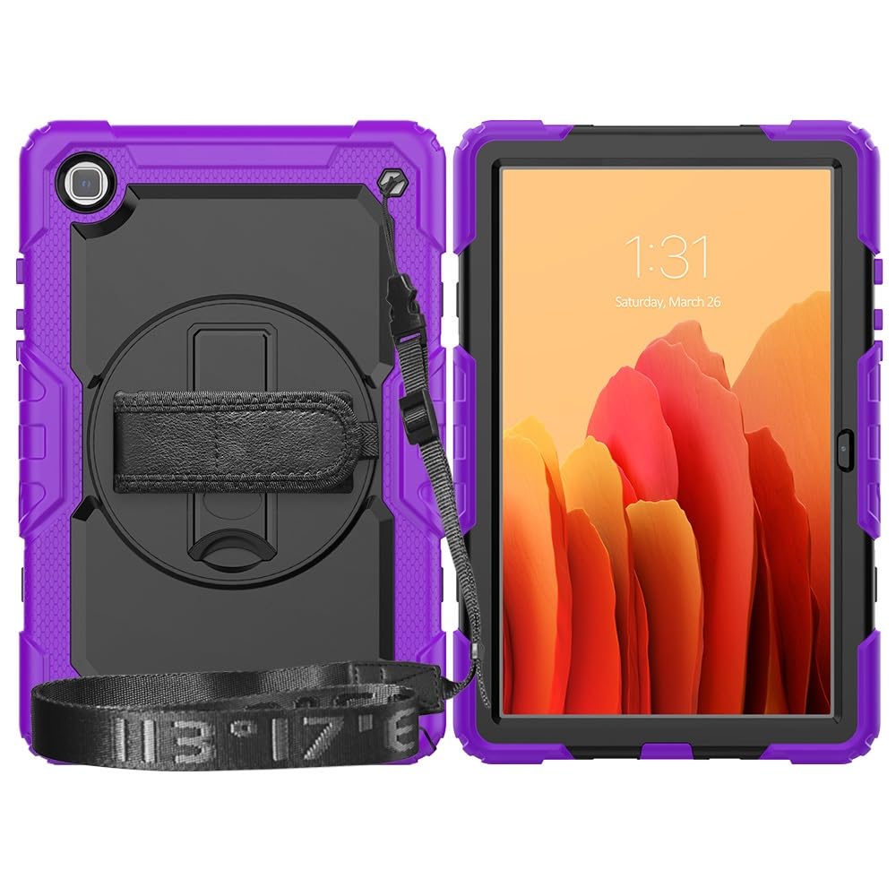 Kompatybilny z Samsung Galaxy Tab A7 10,4 cala SM-T500/T505 (2020) Etui folią ochronną ekranu, [podpórka] [pasek na ramię] Odporna wstrząsy wytrzymała obudowa 360° obrotowy pasek rękę i ramię(Mor)