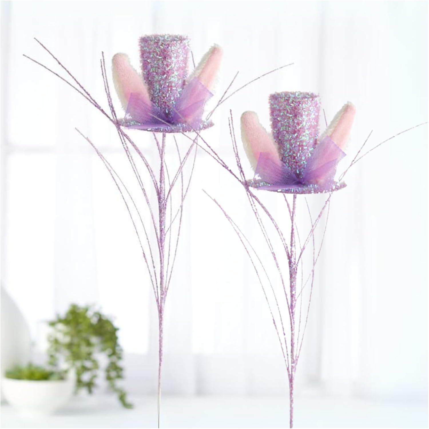 Factory Direct Craft Purple Tinsel Top Hat and Bunny Ears Stems Pack of 2 - for Easter Arrangements and Decorating (16 Inches High)