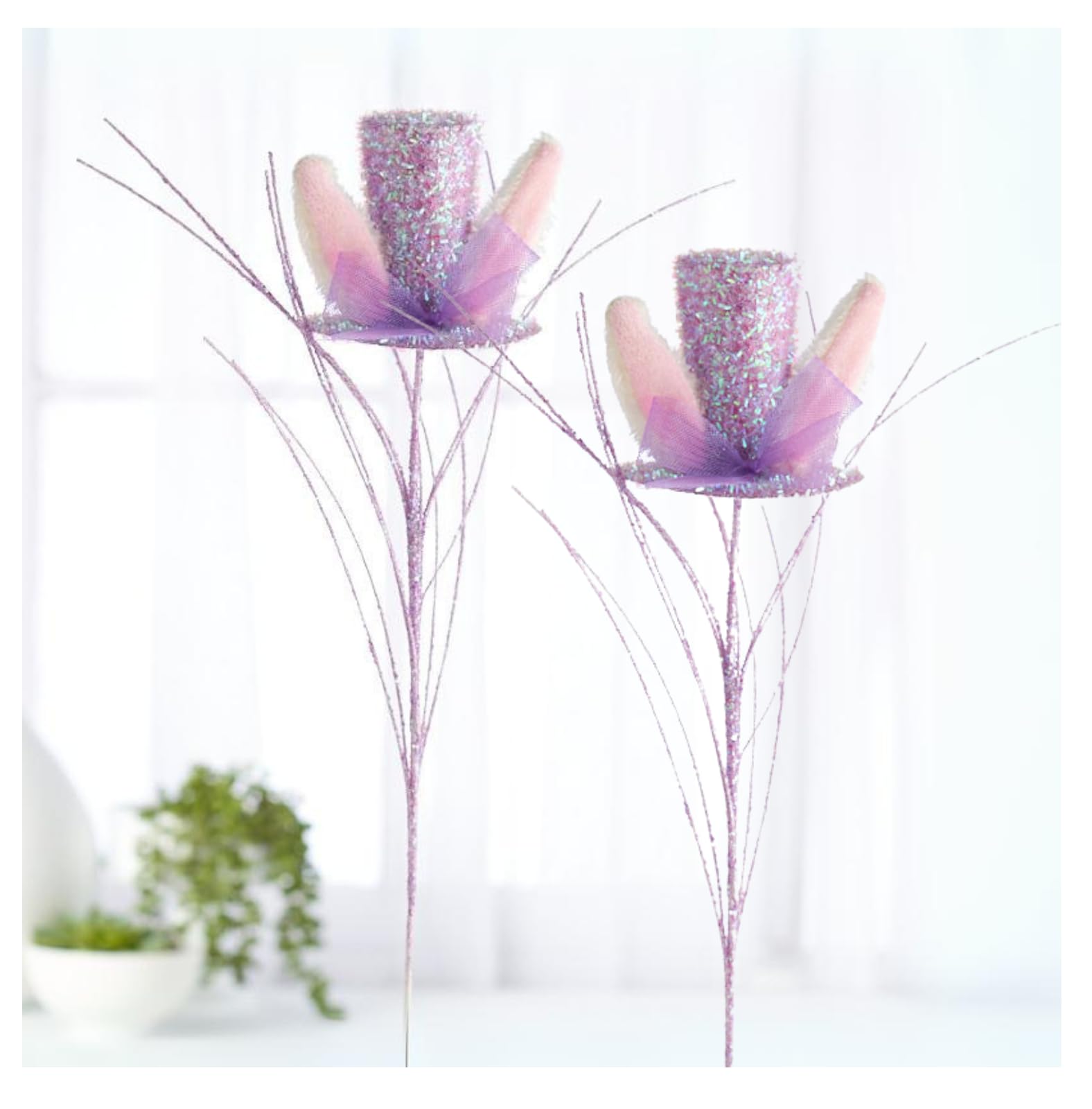 Factory Direct Craft Purple Tinsel Top Hat and Bunny Ears Stems Pack of 2 - for Easter Arrangements and Decorating (16 Inches High)