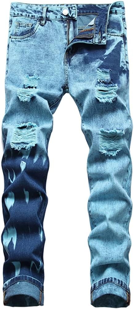 Men's Ripped Denim Jeans Fancy Contrast Color Tie and Dye Pants Mid Waist Straight Trousers