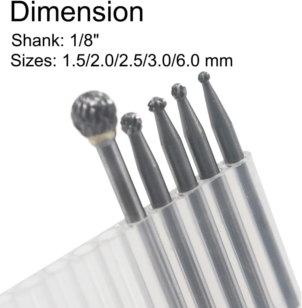 5 Pcs Carbide Ball Burs, 1/8'' Shank Double Slot Tungsten Carbide Ball Shape Cutting Burr for Rotary Tools (1.5/2.0/2.5/3.0/6mm)
