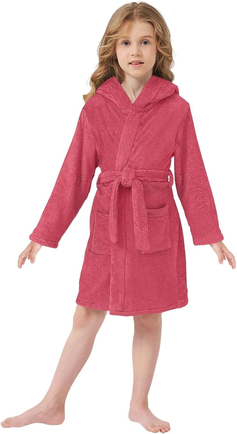 ODAWA Cardinal Red Kids Bathrobe, Soft Plush Children's Hooded Towel Robe, Beach Swimming Bath Wrap for Boys Girls