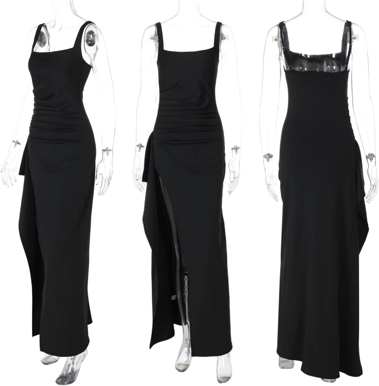 Women’s Elegant Square Neck Ruched Formal Maxi Dress Sexy High Split Ruffle Bodycon Long Dress Evening Gown