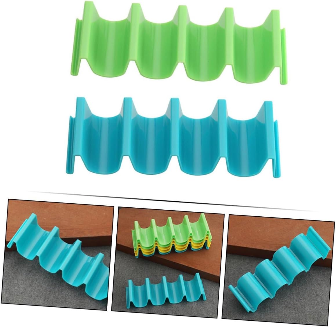 Plastic Taco Stand with Thick Non-slip Support Rack for Upright Tacos Burritos Sandwiches Pancakes Assorted Blue and Emerald Holders for Family and Camping Use