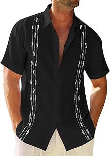 Mens Linen Shirt Guayabera Cuban Short Sleeve Button Down Cotton Summer Beach Hippie Shirts