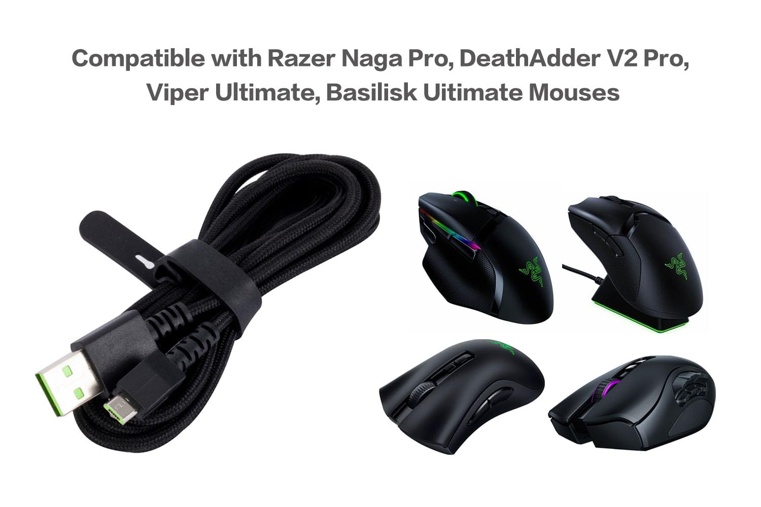 Charging Cable For Naga Pro Mouse Micro USB 5.9ft Long Antiwear Nylon Metalen Muis Oplader Snoer Voor Vervanging Wit
