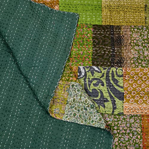 The Art Box Indian Silk Bedding King Kantha Quilt With 2 Pillow Covers Handmade Cotton Bedspread Throw, Vintage Stitch Gudri Bohemian Decorative Beach Blanket, Green #TOP7