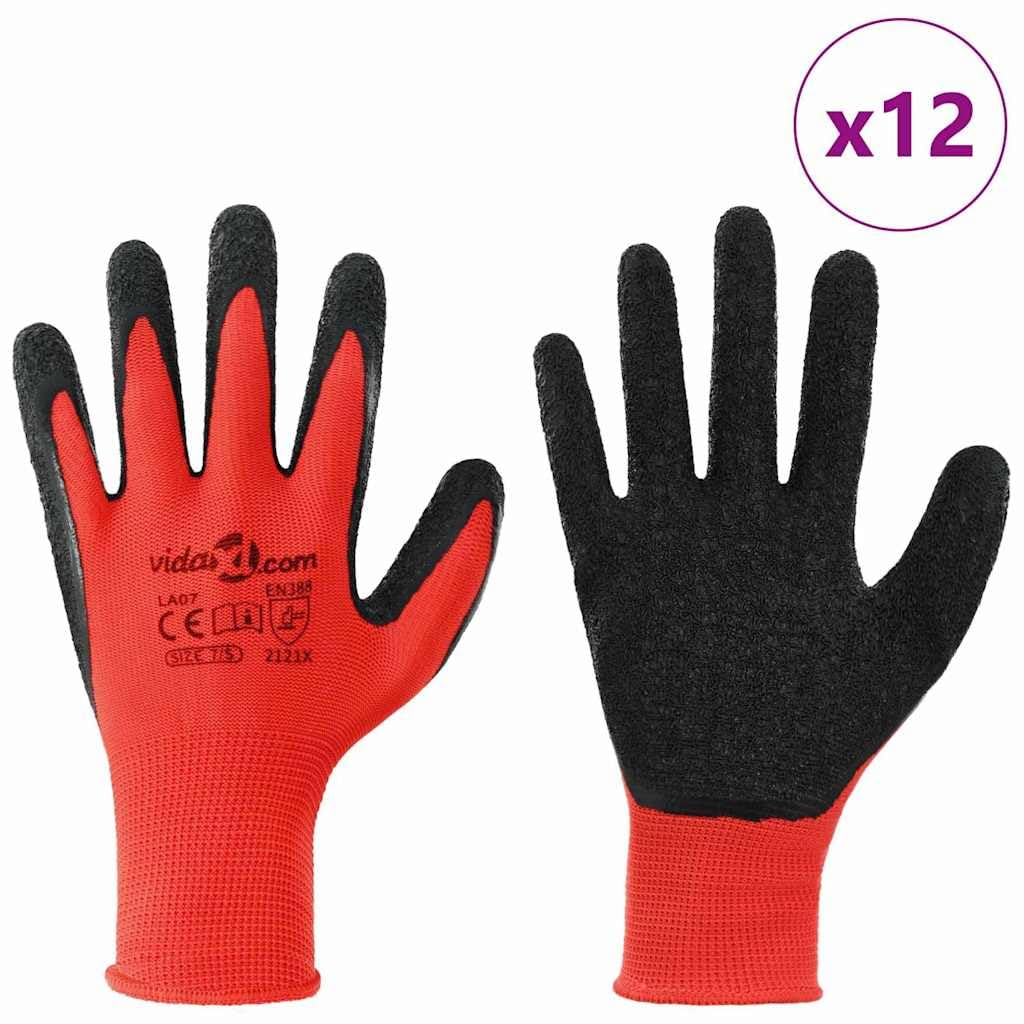 Lot de 12 gants de travail, rouges, noirs, taille 7, revêtement en latex, antidérapants, respirants, flexibles pour jardin, construction, atelier, montage, artisanat, mécanicien avec prise en