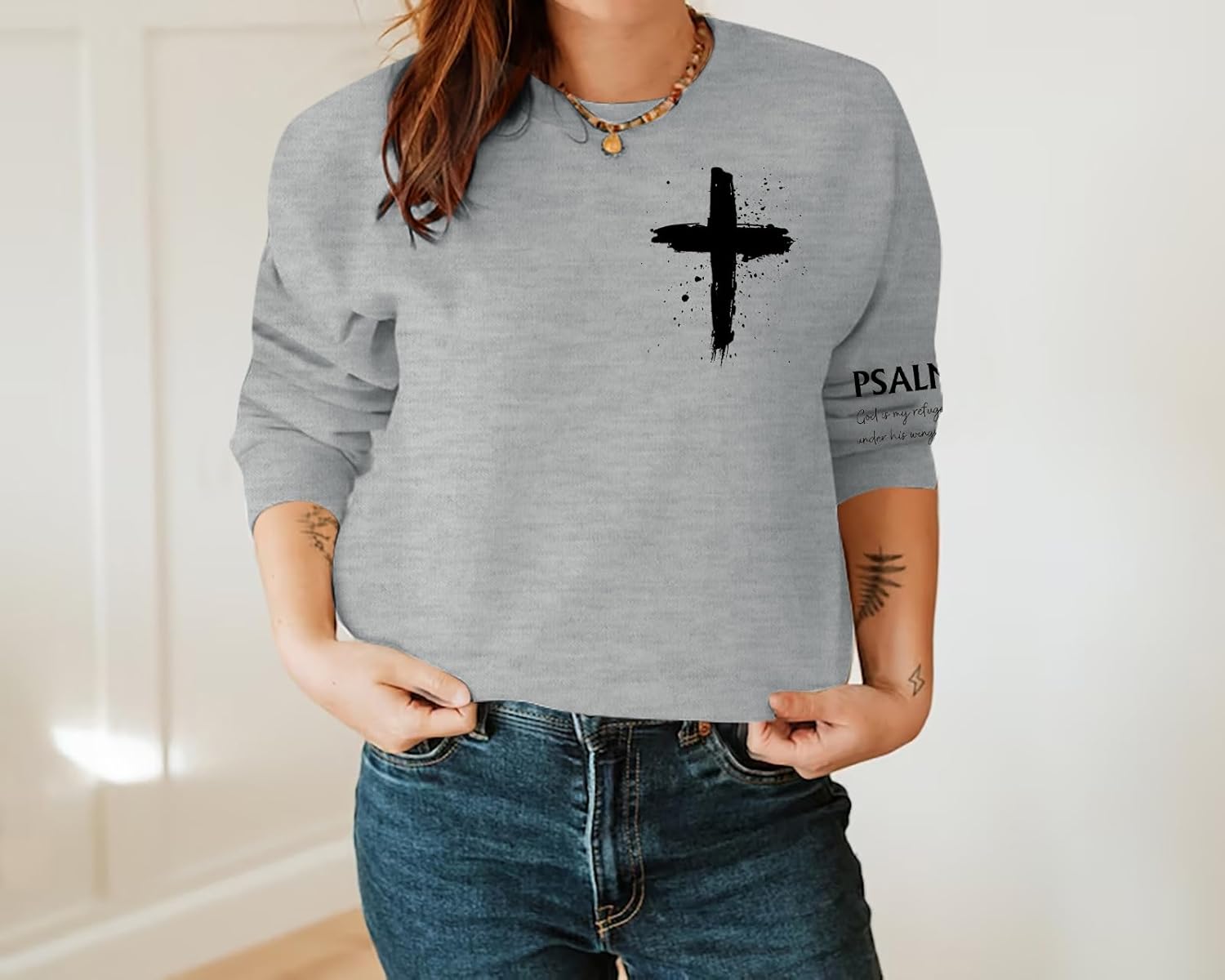 MOUSYA Women Christian Sweatshirt Psalms 91 Sleeve Print Sweatshirt Bible Verse Pullover - Image 5