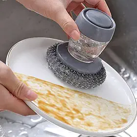 Escova de Aço Inoxidável com Dispenser para Detergente – Limpeza de Louças, Panelas, Fogão e Pia – Antibacteriana, Durável e Econômica – FLIPSELL
