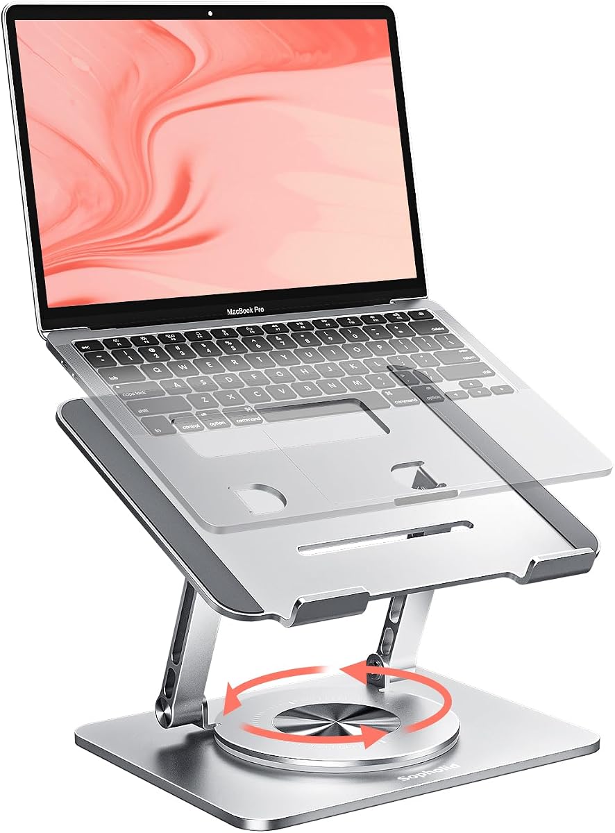 Laptop Stand for Desk, Adjustable Height & Angle Portable Aluminum Laptop Riser & Monitor Stand with 360° Swivel, Foldable Ergonomic Computer Stand for 10-17 Inch Laptops (MacBook/Dell/HP), Silver.