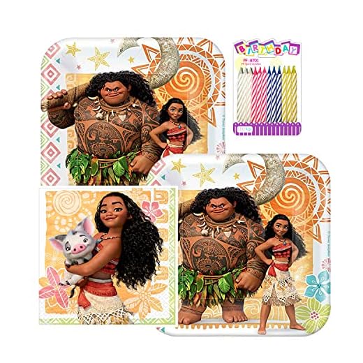 Disney Moana Party Supplies Pack Serves 16: 7" Dessert Plates and Beverage Napkins with Birthday Candles (Moana & Maui Bundle for 16)