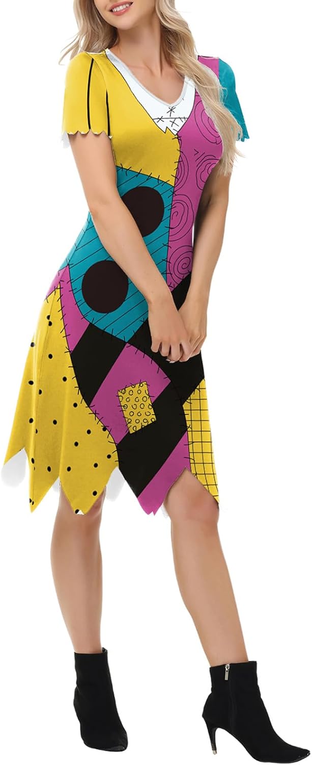 Women's Patchwork Dress 3D Print Long Sleeve Crew Neck Costume for Adult Halloween Cosplay Party - Image 6