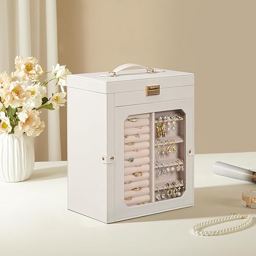 Miniatura 3 de HOOBRO Joyero con espejo, organizador de joyas de viaje con ventana de cristal, estuche de almacenamiento de joyas, almacenamiento vertical, regalo