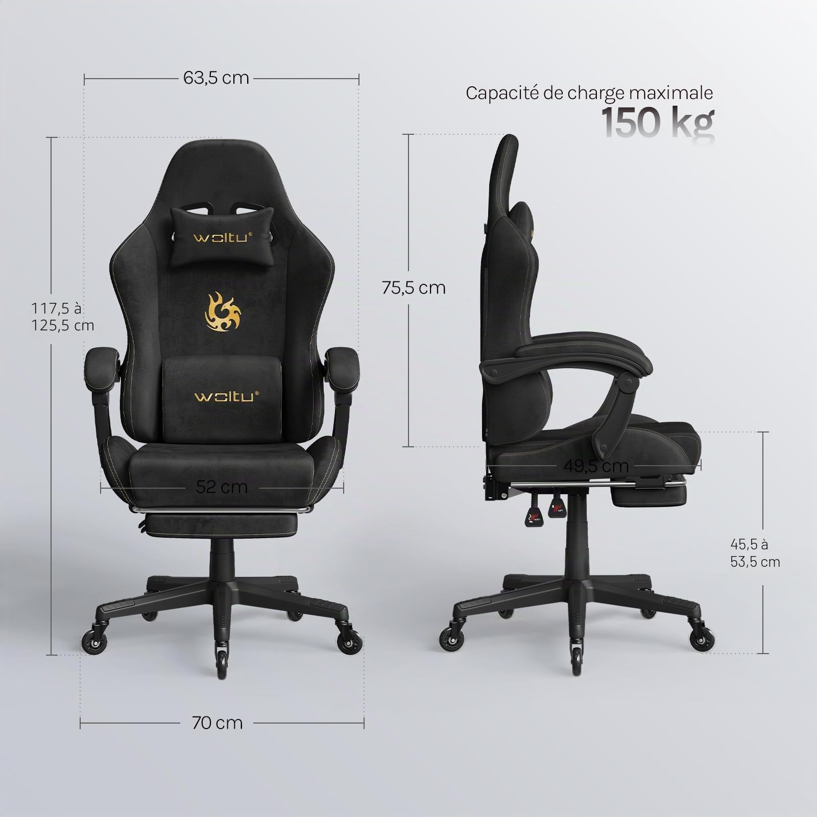 WOLTU Chaise Gaming, Fauteuil de Bureau, Ergonomique, avec Dossier Inclinable, Repose-Pieds Rétractable, Accoudoirs Reliés, Appui-tête et Soutien Lombaire, en Faux Daim,Noir