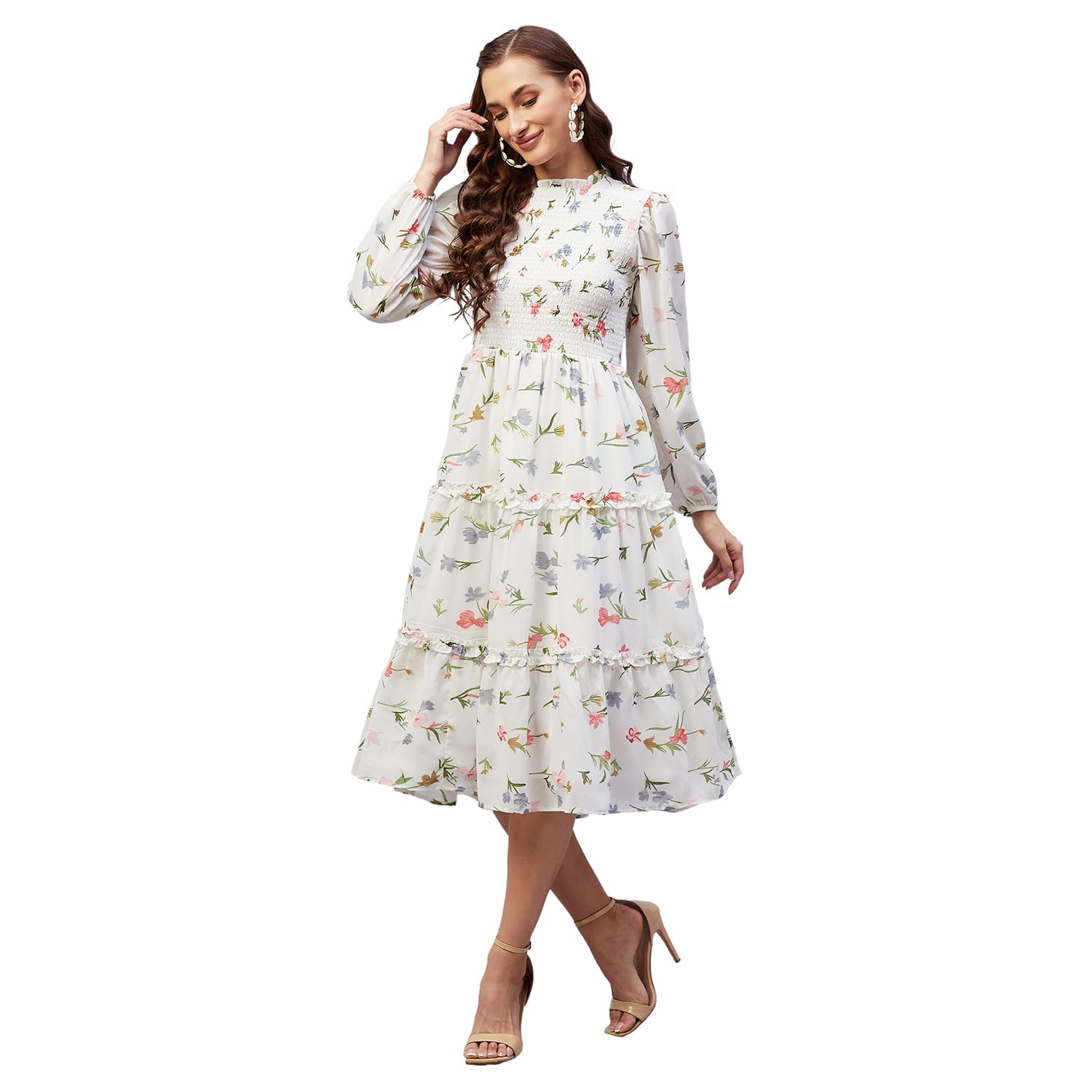Rare Women Casual Off White Colour Fit And Flare Midi Floral Dress,Medium