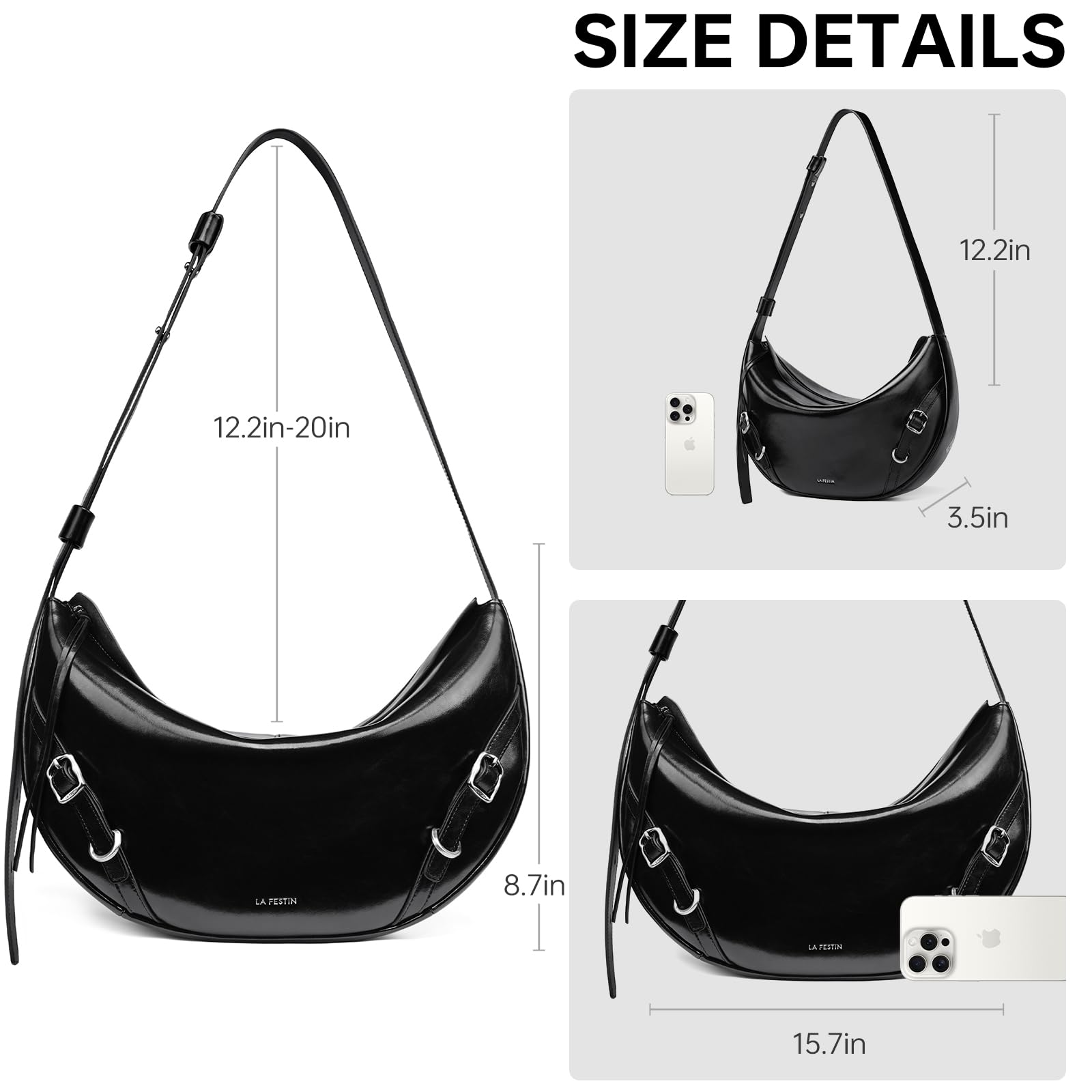 LA'FESTIN Leather Tote Bag For Women, Large Size Hobo Shoulder Purse With Adjustable Strap, Zipper Close Crossbody Bag (Black)