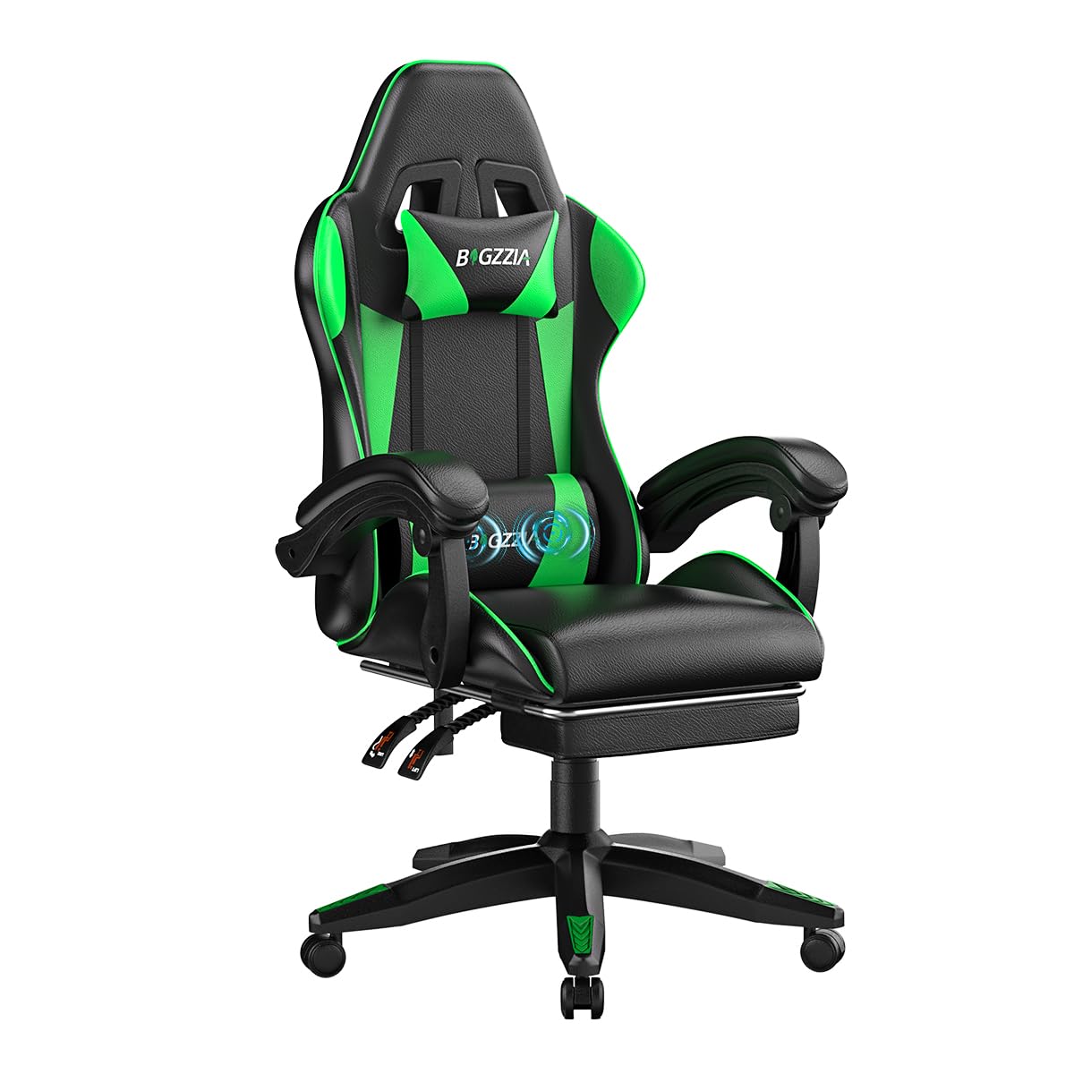 Bigzzia Gaming Stuhl mit Massagefunktion, Ergonomisch Gaming Chair Grün | Gaming Sessel mit Fußstütze, verstellbare Rückenlehne 90-135°, PC-Stuhl Massage-Lendenkissen für Erwachsene, Mädchen&Jungen
